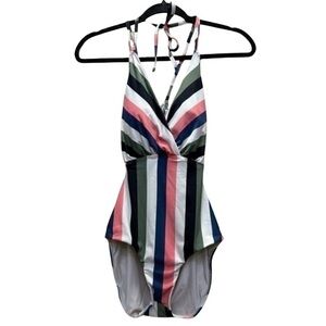 Sunn Lab Swim Green Pink Blue Striped One Piece Swimsuit Womens Size Small